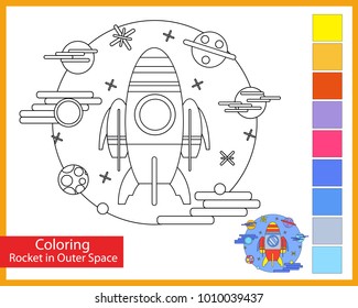Coloring rocket in outer space. Children's arts game. Spaceship entertainment for children. Drawing contour for coloring. Space galaxy. Vector illustration.