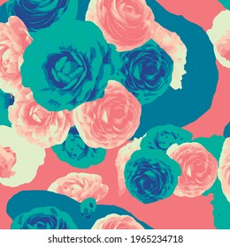 Coloring rose pattern for fabric texture. Colors teal and pink