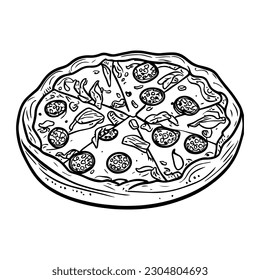 Coloring round cheese pizza. Fast food.