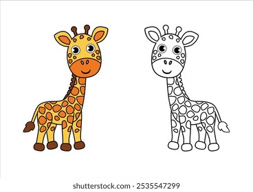 Coloring with sample. Giraffe coloring page, vector illustration. African animals.