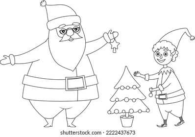 coloring Santa Claus and elves decorate the Christmas tree.vector illustration