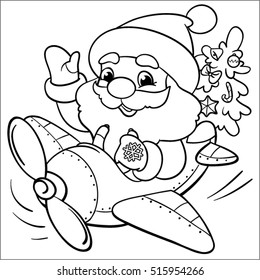 Coloring, Santa on a plane. Cartoon Vector Illustration.