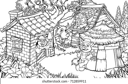 Coloring scene from the childrens fairytale story of  the three little pigs. The 3 pigs with their houses and the  big bad wolf looking from behind a tree. 