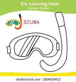 Colorando página de la hoja de cálculo de scuba. Hoja de trabajo de coloreado educativo imprimible. Hoja de cálculo adicional para niños. Ilustración vectorial al estilo de las caricaturas.