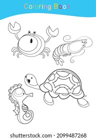 Coloring sea animals worksheet page. Educational printable coloring worksheet. Coloring game for preschool children. Black and white vector illustration. Motor skills education.