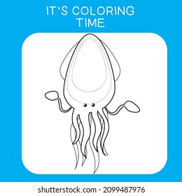 Coloring sea animals worksheet page. Educational printable coloring worksheet. Coloring game for preschool children. Black and white vector illustration. Motor skills education.