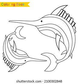 Coloring sea animals worksheet page. Educational printable coloring worksheet. Coloring game for preschool children. Black and white vector illustration. Motor skills education.