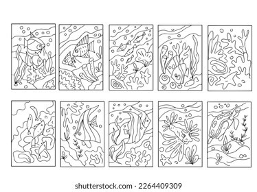 Coloring sea for children antistress fish algae pebbles waves black and white hand-drawn illustration and coloring sample color