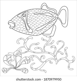 Coloring. Sea fish, corals and algae.Under water. Marine vector motif . Scribbles of the underwater world, sea, ocean, river .