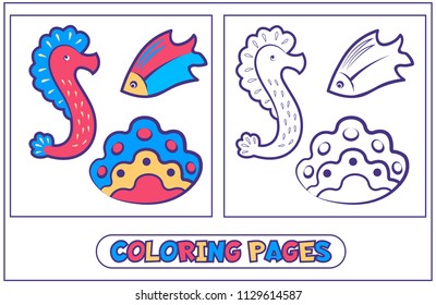 Coloring with sea horse, shell and fish. Book for destkogo creativity. Black-and-white drawing from lines for coloring with paints and pencils. On a white background. Vector illustration.