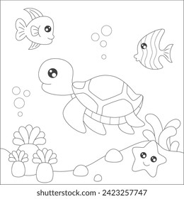 coloring sea turtle swimming in ocean with friends