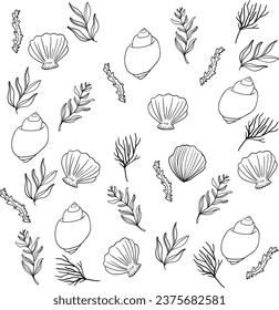 Coloring seamless background with shells. Hand drawn floral sea minimal elements in line art style. Silhouettes shells. 