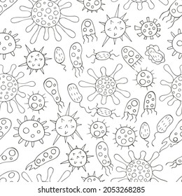 Coloring Seamless pattern with bacteria and viruses. Set of cartoon elements in hand draw style. Coronavirus, microorganisms