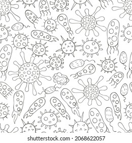 Coloring Seamless pattern with bacteria, viruses. Set of cartoon elements in hand draw style. Coronavirus, microorganisms