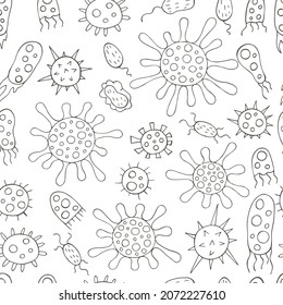 Coloring Seamless pattern with bacteria and viruses. Vector design elements. Set of cartoon microbes in hand draw style. Coronavirus, bacteria, microorganisms