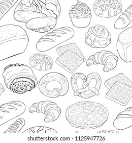 coloring seamless pattern bakery products in the assortment  vector illustration