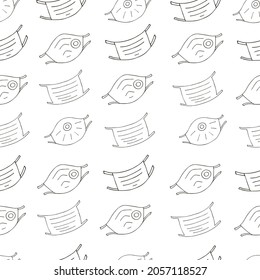 Colorante Patrón de Seamless. Mascarillas de dibujos animados con estilo de dibujo a mano. Mascarillas médicas, respiradores. Antecedentes publicitarios antivirus