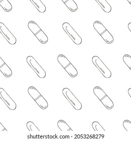 Coloring Seamless pattern. Cartoon medical drugs in hand draw style. Background for packaging, advertising of tablets, capsules