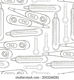 Coloring Seamless pattern. Cartoon medical instruments in hand draw style. Thermometers, thermometers, temperature measurement