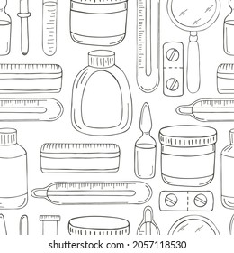 Coloring Seamless pattern. Cartoon medical instruments in hand draw style. Medicines, thermometer, pills