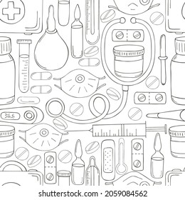 Colorante Patrón de Seamless. Instrumentos médicos de dibujos animados con estilo de dibujo a mano. Máscaras, medicamentos, estuche médico