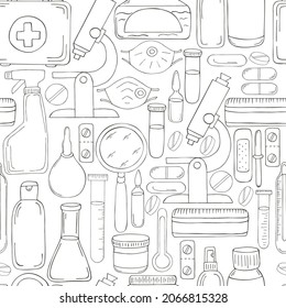 Coloring Seamless pattern. Cartoon medical instruments in hand draw style. Microscope, laboratory instruments