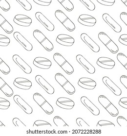 Coloring Seamless pattern. Cartoon medical drugs in hand draw style. Background for packaging, advertising