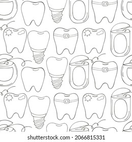 Färben Nahtloser Muster. Cartoon Zähne in handgezeichnet Stil. Hintergrund für Verpackung, Werbung. Gesunde Zähne, Karies, Zahnseide