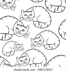 coloring seamless pattern  cat lies and looks  vector illustration