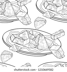 coloring seamless pattern crockery bowl dish with appetizer. bread croutons  vector illustration