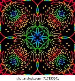 Coloring seamless pattern with flower mandala design. Black background. vector illustration