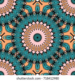 Coloring seamless pattern with flower mandala design. brown, green background. vector illustration