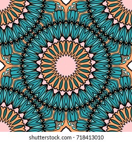 Coloring seamless pattern with flower mandala design. brown, green background. vector illustration