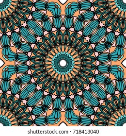 Coloring seamless pattern with flower mandala design. brown, green background. vector illustration