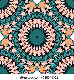 Coloring seamless pattern with flower mandala design. brown, green background. vector illustration