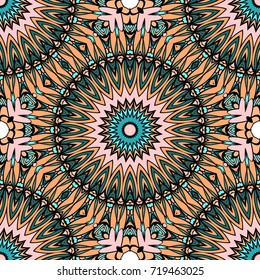 Coloring seamless pattern with flower mandala design. brown, green background. vector illustration