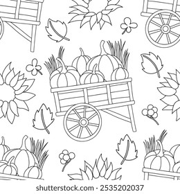 Färbung. Nahtloses Muster mit Ernte, mit Kürbissen und Sonnenblumenblumen im Vintage-Stil. Drucken für Erntedankfest, Herbst, Erntefest . Zeichnen im Doodle-Stil.