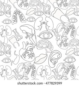 Coloring seamless pattern of human organs in the body and face vector illustration