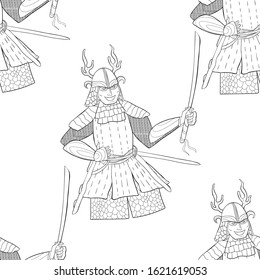 coloring seamless pattern Japanese samurai with a sword with a smile vector illustration