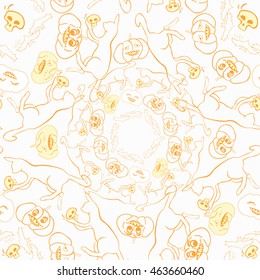Coloring seamless pattern with orange Happy Halloween: pumpkin, cat, skull the bat vector illustration