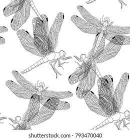 coloring seamless pattern orthetrum cancellatum dragonfly trellis  vector illustration