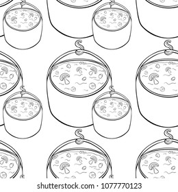 coloring seamless pattern pot of soup with mushrooms for hiking on nature  vector illustration