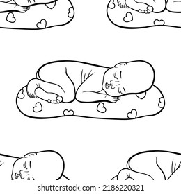 coloring seamless pattern small baby sleeps on a pillow with hearts. vector illustration