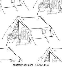 coloring seamless pattern tent for trekking in nature  wth backpack.  vector illustration
