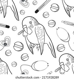 el loro ondulado de patrón incoloro está enfermo con una ilustración de un termómetro Vector