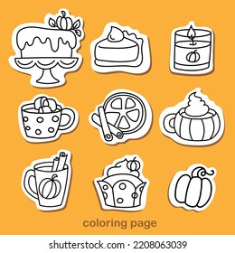 Coloring set. Autumn elements. set of hand drawn thanksgiving doodles for stickers, prints, invitations, cards, coloring pages, invitation templates, etc.