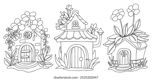 Coloring. Set of cute flower houses, fairy house in a flower garden. Drawing in doodle style.