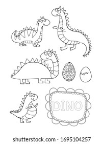 Coloring set with the cute little dinosaur. Lovely vector collection of animals for the coloring book or page for kids and adults.