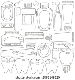 Coloring set of design elements. Set of elements for the care of the oral cavity in hand draw style. Teeth cleaning, dental health. Teeth, floss, brush, paste, rinse