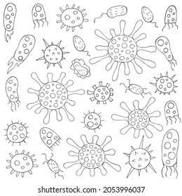 Farbsatz von Designelementen. Set von Cartoon Mikroben in handgezeichnet. Coronavirus, Viren, Bakterien, Mikroorganismen